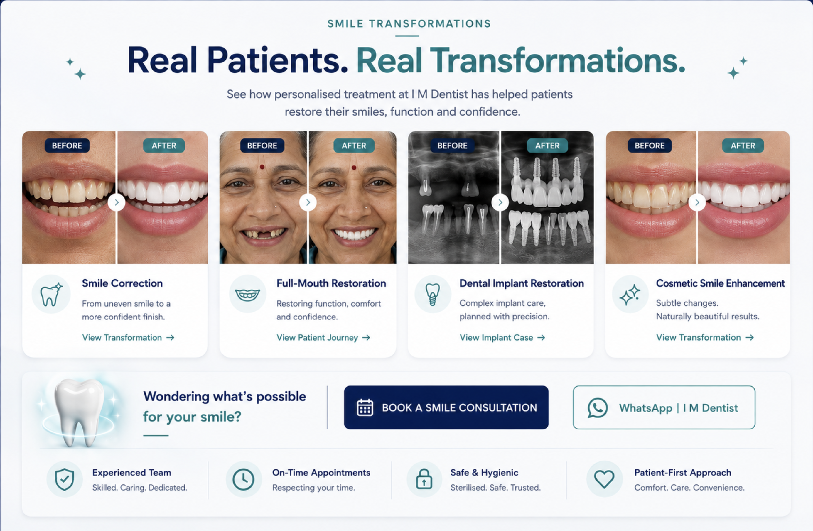 Real patients real transformations before and after section for I M Dentist